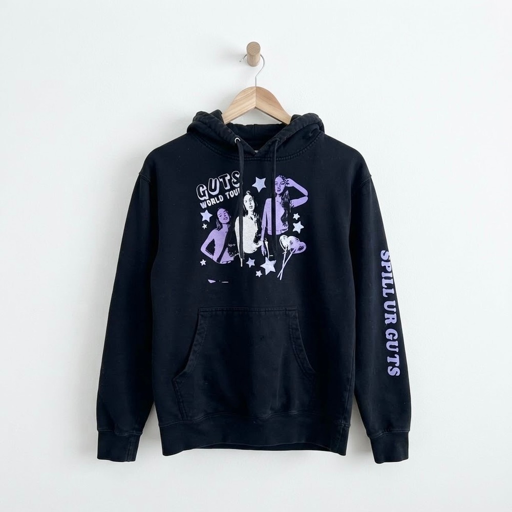 Olivia Rodrigo GUTS World Tour 2024 Black Graphic Hoodie Size M Spill Ur Guts